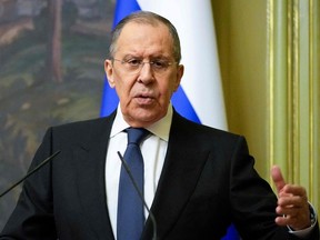 Russian Foreign Minister Sergei Lavrov gestures during a joint news conference following talks with his Armenian counterpart in Moscow, on April 8, 2022.
