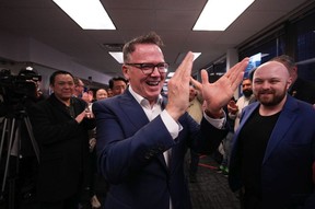 BC Liberal leader Kevin Falcon celebrates winning the Vancouver-Kilchen District Legislative by-election in Vancouver on Saturday, April 30, 2022.