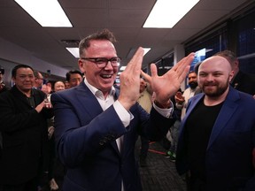 B.C. Liberal leader Kevin Falcon celebrates after winning a by-election for a seat in the legislature in the riding of Vancouver-Quilchena, in Vancouver, on Saturday, April 30, 2022.