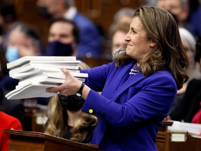 Canada's Finance Minister Chrystia Freeland tables the 2022-23 budget in the House of Commons on Parliament Hill on Thursday.