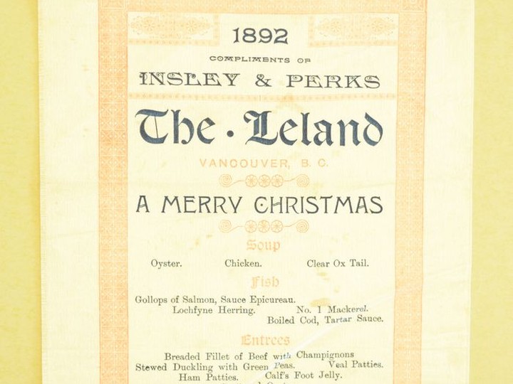  Menu from The Leland House restaurant, 1892.  City of Vancouver Archives, AM1519-: PAM 1891-2