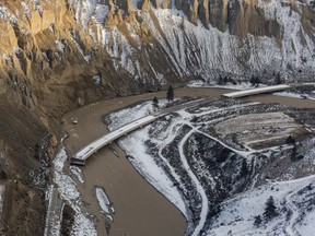 This appears to be a chunk of Highway 8, massively damaged when the Nicola River changed course during the atmospheric river rains of Nov. 14-15, 2021. Felipe Fittipaldi/Governmnet of B.C.