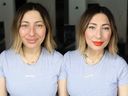 Nadia Albano, before and after her makeup tutorial: Powering up the statement lip and cat-eye look.