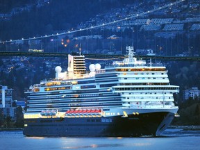 The Koningsdam cruise ship arrives  in Vancouver, BC., on April 10, 2022.