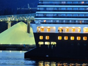 The Koningsdam cruise ship arrives  in Vancouver, BC., on April 10, 2022.