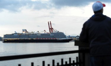 The Koningsdam cruise ship arrives  in Vancouver, BC., on April 10, 2022.