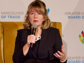 Susan Yurkovich, CEO of the Council of Forest Industries, addressing questions on stage during her presentation to the Greater Vancouver Board of Trade, Friday, Nov. 22, 2019.