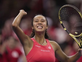 Canada's Leylah Annie Fernandez celebrates after defeating Latvia's Darja Semenistaja during a Billie Jean King Cup qualifier singles tennis match, in Vancouver, on Friday, April 15, 2022.