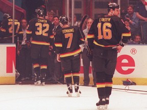 Canucks captain Trevor Linden looks back at the victory celebrations as his team leaves the ice after the New York Rangers won Game 7 of their Stanley Cup Final series at New York’s Madison Square Garden on June 14, 1994.