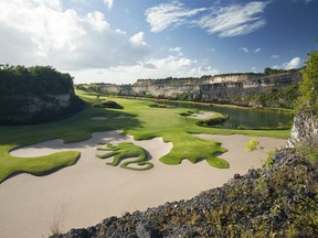 The signature hole at the Green Monkey an exclusive 72 par golf course in Barbados.