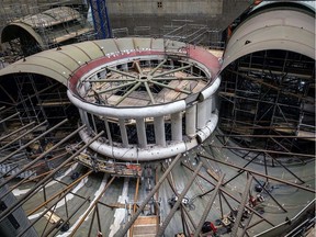 Installation of turbines in the powerhouse at the B.C. Hydro Site C hydroelectric dam project.