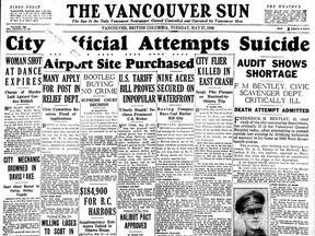The front page of the May 27, 1930, Vancouver Sun contained the sensational news that a city employee had tried to kill himself after being questioned about some missing money.