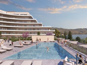 The step-back configuration of  Skywalker at Movala in Kelowna means that 90 per cent of residences have a lake views. An outdoor, year-round heated swimming pool is among the development’s amenities.