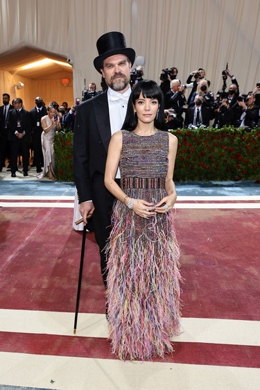 David Harbour and Lily Allen attend The 2022 Met Gala Celebrating "In America: An Anthology of Fashion" at The Metropolitan Museum of Art on May 2, 2022 in New York City.