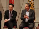 Die Bürgermeisterdebatte in Vancouver, von links: die Kandidaten Ken Sim und Kennedy Stewart im Jahr 2018.