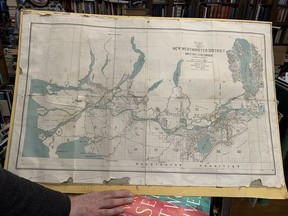 The Complete October 1, 1889 Map of the District of New Westminster by the Federal Department of the Interior showing Sumass Lake (i.e. Sumas or Semá:th Lake) in the Fraser Valley, which has been drained in the 1920s. The rare card is on sale at MacLeod's Books in Vancouver.