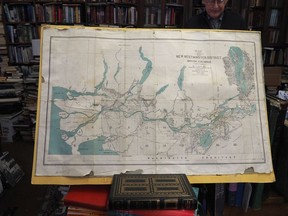 An October 1, 1889 map of the District of New Westminster by the Federal Department of the Interior showing Sumass Lake (i.e. Sumas Lake or Semá:th) in the Fraser Valley, which was drained in the 1920s. The rare map is on sale at MacLeod's Books in Vancouver.
