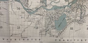 Detail from an October 1, 1889 map of the District of New Westminster by the Federal Department of the Interior showing Sumass Lake (i.e. Sumas or Semá:th Lake) in the Fraser Valley, which was drained in the 1920s. The rare map is on sale at MacLeod's Books in Vancouver.