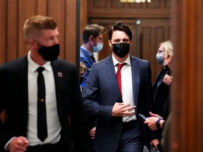 Prime Minister Justin Trudeau leaves a Parliament Hill caucus meeting on May 4, the same day he told reporters he was looking to enshrine a guarantee of abortion access in Canadian law.