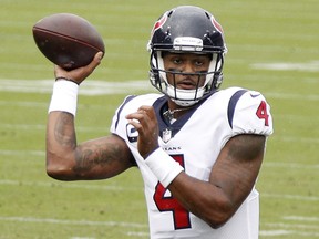 Quarterback Deshaun Watson of the Houston Texans passes against the Tennessee Titans at Nissan Stadium on October 18, 2020 in Nashville, Tennessee.