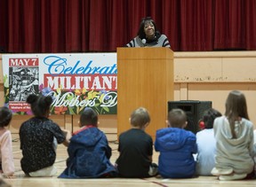 Barbara Burnet speaking at Admiral Seymour Elementary School in Vancouver, BC Wednesday, May 4, 2022. Burnet was one of the Militant Mothers of Raymur who camped occupied train tracks near the school in 1971 because they feared for the safety of their children trying to cross the tracks on their way to school. Kyer was a former student at the school who used to cross the tracks, as was Simpson.(Photo by Jason Payne/ PNG)