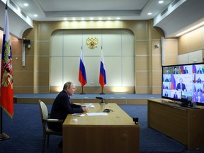 Russian President Vladimir Putin chairs a meeting on the country's transport industry via a video link in Sochi, Russia May 24, 2022.