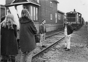 Jan. 27, 1971. The Militant Mothers of Raymur stop a train in the 1000 block East Pender, Vancouver.  Photo: Ross Kenward/Province