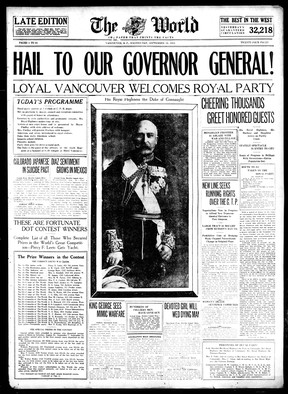 The front page of the Vancouver World of September 18, 1912, welcoming the Duke of Connaught to the city.  The duke was then governor general.