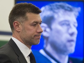 Retired Canucks defenceman Mattias Ohlund at his induction to the franchise's Ring of Honour in December 2016.