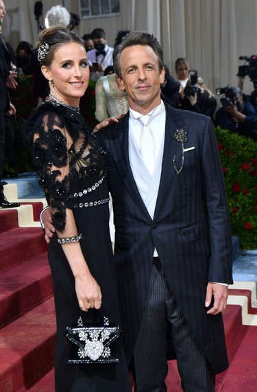 Comedian-TV host Seth Meyers and wife Alexi Ashe arrive for the 2022 Met Gala at the Metropolitan Museum of Art on May 2, 2022, in New York. - The Gala raises money for the Metropolitan Museum of Art's Costume Institute. The Gala's 2022 theme is "In America: An Anthology of Fashion."