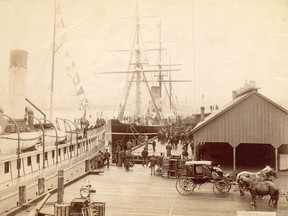 Arrival of their Royal Highness Duke and Duchess of Connaught, Vancouver May 22nd, 1890. Ships identified (left to right) S.S. "Islander" and C.P.R. Royal Mail S.S. "Abyssinia" AM54-S4-: Bo P343.