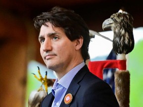 Canada's Prime Minister Justin Trudeau attend a memorial event marking the first anniversary of the discovery of unmarked Indigenous child graves at the Tk'emlups Pow Wow Arbour in Kamloops, B.C., May 23, 2022.