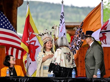 Tk'emlups te Secwepemc Kukpi7 (Chief) Rosanne Casimir and Canada's Governor General Mary Simon attend a memorial event marking the first anniversary of the discovery of unmarked Indigenous children's graves at the Tk'emlups Pow Wow Arbour in Kamloops, British Columbia, Canada May 23, 2022. REUTERS/Jennifer Gauthier