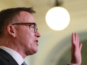 Opposition B.C. Liberal Leader Kevin Falcon gives a speech after being sworn in at the legislature in Victoria, Monday, May 16, 2022.