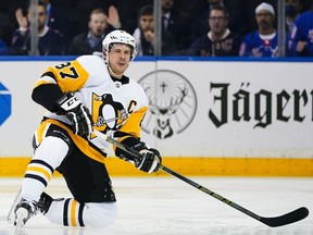 Pittsburgh Penguins star Sidney Crosby after getting knocked to the ice during Game 5 of their series against the New York Rangers last week. Crosby missed Game 6 with an unelaborated-on ‘upper-body injury’ before returning for Game 7. He has missed 117 games in the last dozen years to multiple concussions.