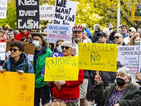 Hundreds of people protested against the Broadway Plan outside Vancouver City Hall on May 7, 2022.