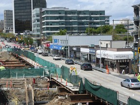 Construction continues on the Broadway SkyTrain line as city councillors and the public debate the redevelopment of the surrounding area, known as the Broadway plan, at Vancouver City Hall on May 18.