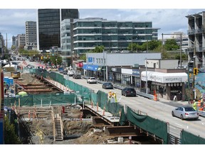 Construction continues on the Broadway Skytrain line as city councillors and the public debate the redevelopment of the surrounding area, known as the Broadway plan.