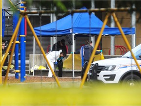 Coquitlam RCMP and the Integrated Homicide Investigation Team (IHIT) on scene at Glen Elementary School after a man died of stab wounds in the playground of the school in Coquitlam on May 8, 2022.