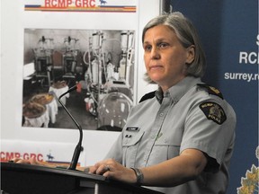 Corporal Elenor Sturko (RCMP Surrey) speaks to the media at an anti-narcotics press conference in Surrey, British Columbia on May 13, 2021.