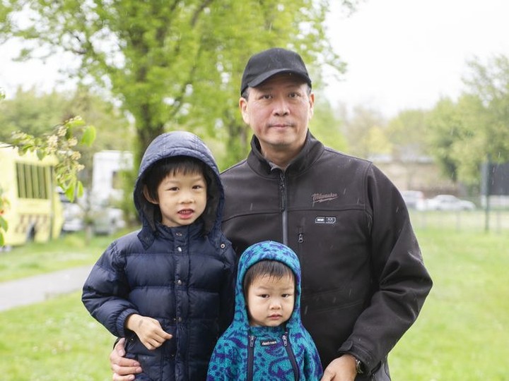  David Chen and his kids Max, 6 and Guss, 2 in Vancouver, BC., May 15, 2022.