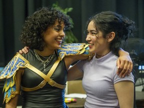 Student actors Maya Chariandy (left) and Jordan Wong before the performance of She Kills Monsters at Magee Secondary School in  Vancouver, May 19, 2022.  Their fellow student, David Kiss, took his own life late last year.