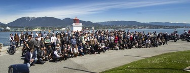 Motorcyclists taking part in the 11th Annual Distinguished Gentleman's Ride (DGR) pose for a group photo under the sunny skies at Brockton Point in Vancouver, BC., May 22, 2022.