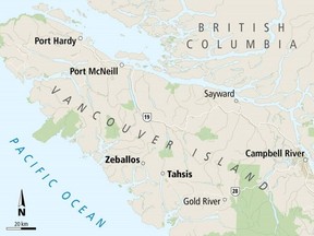 Locator map of Zeballos and Tahsis on northern Vancouver Island.