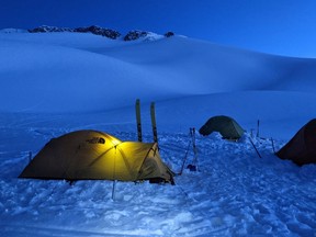 Researchers camp on the Kokanee Glacier in the first week of May 2021 to conduct mass balance measurements, Photo credit: Ben Pelto.