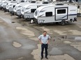 Bucars RV Centre general manager Jeff Redmond with new recreational vehicles on his lot in Balzac, Alta., Tuesday, May 17, 2022.