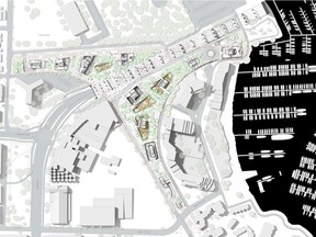 The plan for the Senakw development in Kitsilano calls for a road at the top of the site, beside or perhaps in Vanier Park. Illustration from the Senakw website.