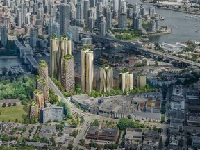 Aerial view illustration from the Senakw website of the proposed Senakw development in Kitsilano, near the Burrard Street Bridge. Mike Harcourt calls this a disturbing example of proposed overdevelopment.