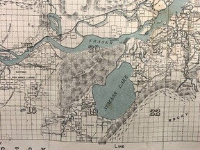 Detail from an Oct. 1, 1889 map of New Westminster District by the federal Department of the Interior showing Sumass Lake (i.e., Sumas or Semá:th Lake) in the Fraser Valley, which was drained in the 1920s. The rare map is for sale at MacLeod's Books in Vancouver.