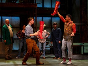 Cast of Kinky Boots. Set design by Pam Johnson, costume design by Barbara Clayden and lighting design by John Webber.